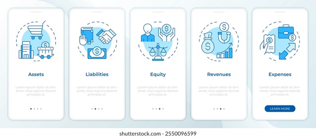 Tela azul do aplicativo móvel integrado da documentação da contabilidade. Passo a passo 5 passos instruções gráficas editáveis com conceitos lineares. UI, UX, modelo de GUI. Monserrat SemiBold, Fontes regulares usadas