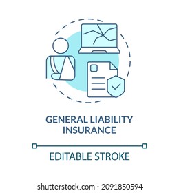 Icono de concepto turquesa del seguro de responsabilidad civil general. Ilustración de la línea delgada de la idea abstracta de beneficios del trabajador. Dibujo de contorno aislado. Trazo editable. Fuentes Roboto-Medium, Myriad Pro-Bold utilizadas