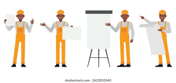 Manutenção geral e handyman serviço personagem vetor ilustração conjunto de design. Homens segurando papel em branco e apresentação.