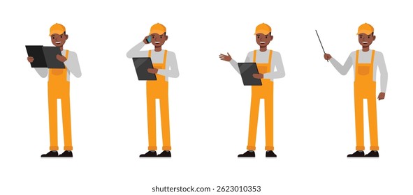 General maintenance and handyman service character vector illustration design set. Men holding folder and presentation.