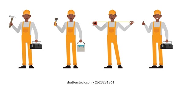 General maintenance and handyman service character vector illustration design set. Men thumb up hand, holding hammer, paint bucket and tape measure.