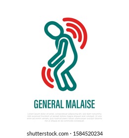 General malaise thin line icon, first sign of illness or infection. Tiredness, depression, feeling of discomfort. Burnout syndrome. Vector illustration.