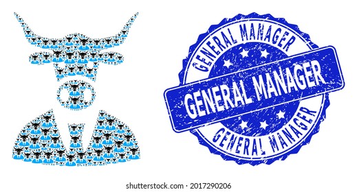 General Manager grunge round stamp seal and vector fractal mosaic cow boss. Blue stamp seal has General Manager text inside circle shape. Vector mosaic is organized with random cow boss items.