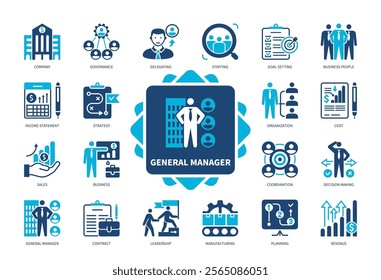 General Manager icon set. Governance, Staffing, Coordination, Planning, Sales, Strategy, Revenue, Goal Setting. Duotone color solid icons