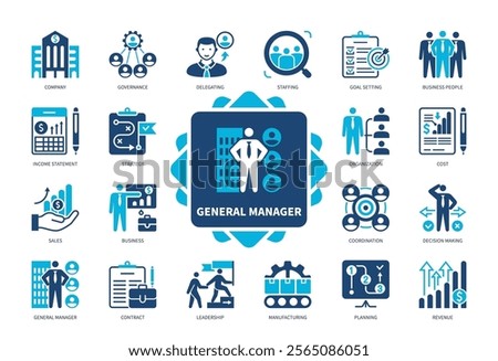 General Manager icon set. Governance, Staffing, Coordination, Planning, Sales, Strategy, Revenue, Goal Setting. Duotone color solid icons