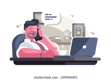 General manager in office vector illustration. Bearded man sitting at workplace with laptop and talking on smartphone flat style concept. Busy working day