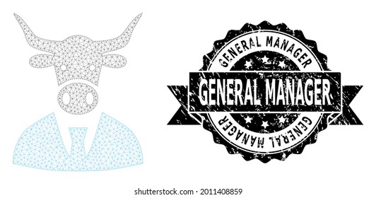 General Manager textured seal print and vector cow boss mesh model. Black stamp seal includes General Manager tag inside ribbon and rosette. Abstract flat mesh cow boss, designed with flat mesh.