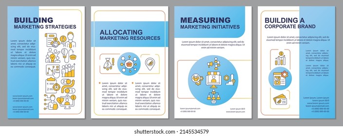 General marketing issues in business blue brochure template. Corporate brand. Leaflet design with linear icons. 4 vector layouts for presentation, annual reports. Arial, Myriad Pro-Regular fonts used