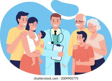 General Medical Treatment For People All Ages 2D Vector Isolated Illustration. Providing Health Care For Entire Family Flat Characters On Cartoon Background. Comprehensive Healthcare Colourful Scene