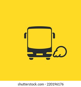 General modern bus icon. Front view of a common passenger bus with round headlights and exhaust smoke on yellow background. For maps, schemes, applications and infographics. 