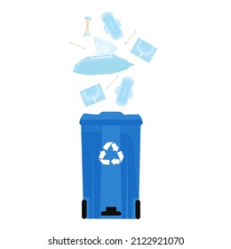 General, non-recyclable waste. Information poster. Cotton swabs, wet wipes, pads in a separate trash can. Vector stock illustration of recycling. Isolated on a white background.