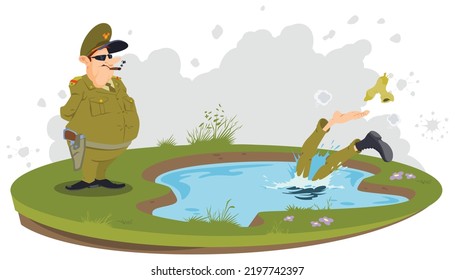 El general supervisa los ejercicios del ejército. Gente divertida. Plantilla de concepto de ilustración para sitio web, página de inicio web, banner, presentación, social, afiche, promoción o medios impresos.