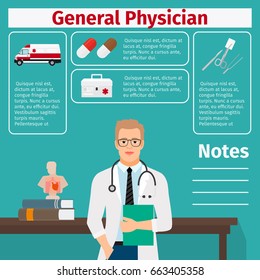 General physician and medical equipment icons with infographics elements for medical and pharmaceutical industry. Vector illustration