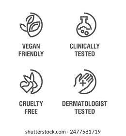 General pictograms set for marking of cosmetics products in bold line - Vegan Friendly, Clinically Tested, Cruelty Free and Dermatologist tested