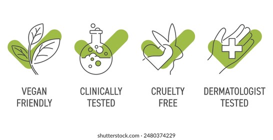 Allgemeine Piktogramme zur Markierung von Kosmetikprodukten in dünner Linie mit grünem Häkchen - Vegan Friendly, Clinical Tested, Cruelty Free und Dermatologist getestet