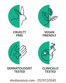 Pictogramas gerais para marcação de cosméticos em linha fina, formas elipsas e espaço negativo - Amigável a Veganos, Clinicamente Testado, Crueldade Livre e Dermatologista testado - forma semicírculo
