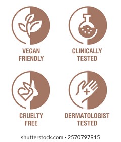 General pictograms set for marking of cosmetics in thin line, ellipse shapes and negative space - Vegan Friendly, Clinically Tested, Cruelty Free and Dermatologist tested - in monochrome style