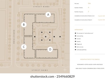 Plano geral do complexo de edifícios e território adjacente. Desenho vetorial do plano geral arquitetônico. Plano de aprimoramento, esboço 2D