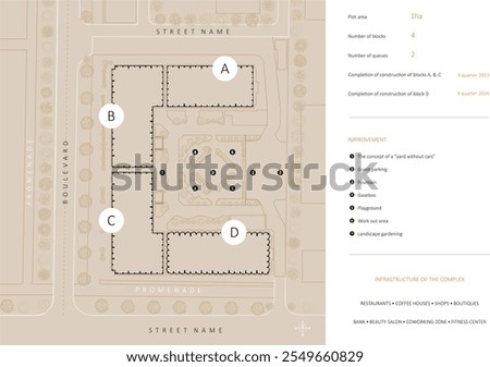 General plan of the complex of buildings and adjacent territory. Vector drawing of the architectural general plan. Improvement plan, 2D sketch