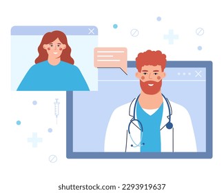 General practitioner conducting remote medical consultation. Young male doctor with stethoscope around neck talking to female patient online. Flat vector illustration