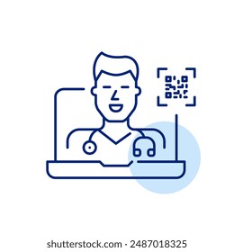 General practitioner doctor on video call on laptop and qr code. Scan for online consultation, instant telemedicine access. Pixel perfect, editable stroke icon