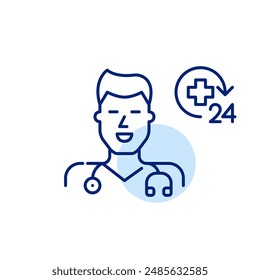 General practitioner doctor with stethoscope and 24 hour healthcare symbol. Emergency medical service access. Pixel perfect vector icon