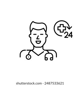 General practitioner doctor with stethoscope and 24 hour healthcare symbol. Emergency medical service access. Pixel perfect, editable stroke icon