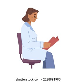 General practitioner or family doctor analyzing results of patient. Woman in gown working in hospital or clinics. Flat cartoon character, vector in flat style