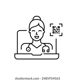 General practitioner female doctor on video call on laptop and qr code. Scan for online consultation, instant telemedicine access. Pixel perfect vector icon