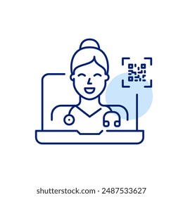 General practitioner female doctor on video call on laptop and qr code. Scan for online consultation, instant telemedicine access. Pixel perfect, editable stroke icon