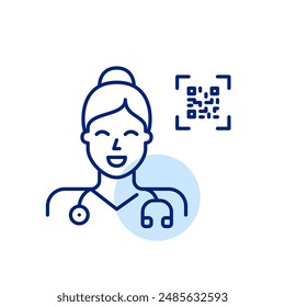 General practitioner female doctor with stethoscope and qr code. Telemedicine appointment and consultation access. Pixel perfect, editable stroke icon