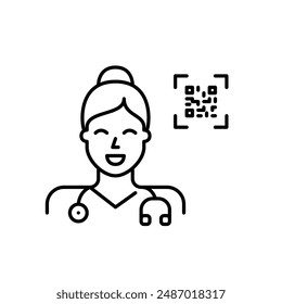 General practitioner female doctor with stethoscope and qr code. Telemedicine appointment and consultation access. Pixel perfect vector icon