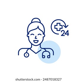 General practitioner female doctor with stethoscope and qr code. Telemedicine appointment and consultation access. Pixel perfect, editable stroke icon