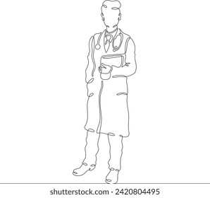 General practitioner. Full-length portrait of the doctor on duty. Doctor in a medical gown. Doctor with a stethoscope. One continuous line drawing. Linear. Hand drawn, white background. One line