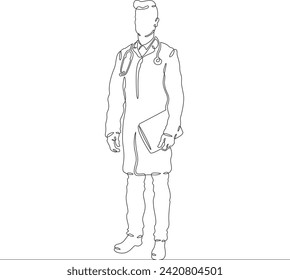 General practitioner. Full-length portrait of the doctor on duty. Doctor in a medical gown. Doctor with a stethoscope. One continuous line drawing. Linear. Hand drawn, white background. One line