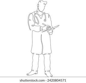 General practitioner. Full-length portrait of the doctor on duty. Doctor in a medical gown. Doctor with a stethoscope. One continuous line drawing. Linear. Hand drawn, white background. One line