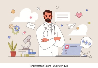 General practitioner in office with microscope, computer and books on table. Doctor sends patient test results, prescription, recommendations by e-mail. Vector flat cartoon illustration.