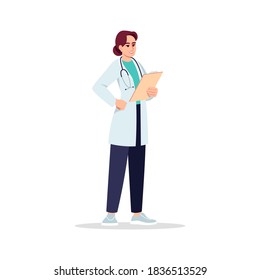 General Practitioner Semi Flat RGB Color Vector Illustration. Primary Care Physician. Young Caucasian Woman Working As Medical Doctor Isolated Cartoon Character On White Background