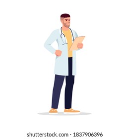 General Practitioner Semi Flat RGB Color Vector Illustration. Primary Care Physician. PCP. Young Caucasian Man Working As Medical Doctor Isolated Cartoon Character On White Background