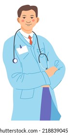 General practitioner with stethoscope ready for examination and patient checkup. Isolated portrait of doctor, professional medical worker with badge. Surgeon or family doc. Vector in flat style