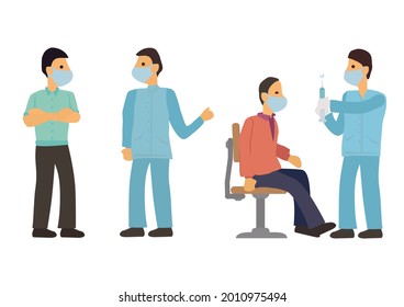 General practitioner vaccinating old patient in clinic. Nurse giving injection to senior man at hospital. Concept of Covid-19 or coronavirus vaccine. Vector illustration.
