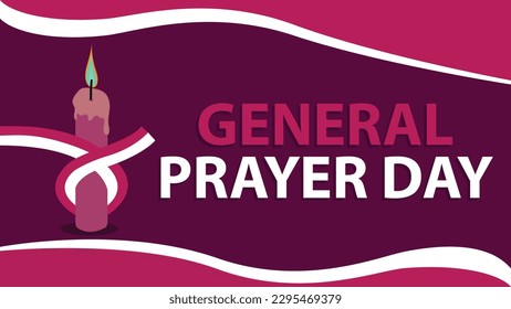 General Prayer Day vector banner design with lit candle icon, ribbon, typography and pink purple color pallet. General Prayer Day modern simple poster background illustration.