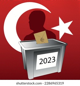 General and Presidential elections in Turkey 2023. (Turkish Translate on the Image: Turkey's Presidental Elections 2023) Ballot Box and Turkish Flag Symbol and President Erdogan Silhouette