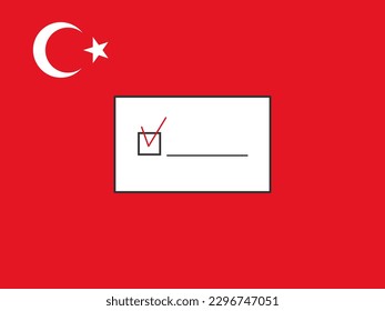 General and presidential elections in Turkey in 2023. Ballot against the background of the Turkish flag. Election banner. People vote in elections. Political agitation.