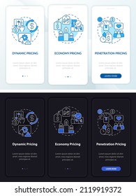 General pricing methods night and day mode onboarding mobile app screen. Walkthrough 3 steps graphic instructions pages with linear concepts. UI, UX, GUI template. Myriad Pro-Bold, Regular fonts used