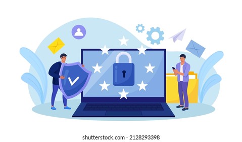 Regulación general de privacidad para la protección de datos personales. GDPR y política de privacidad. Control y seguridad de la información personal. Personas que protegen datos empresariales e información legal. Diseño de vectores