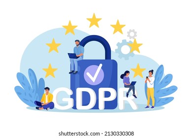 General privacy regulation for protection of personal data. GDPR and privacy politics. Personal information control and security. People protecting business data and legal information. Vector design