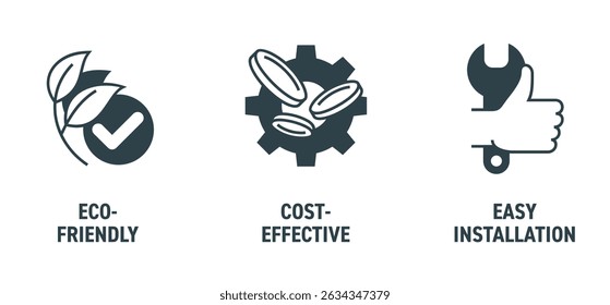 Propriedades gerais de material de construção ou conjunto de ícones de dispositivo - Eco-friendly, custo-eficaz, fácil instalação. Pictogramas de rotulagem monocromática