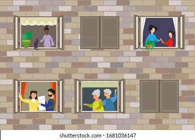 Cuarentena general durante la epidemia de coronavirus. La gente está sentada en sus casas y departamentos. Hombres y mujeres jóvenes y mayores se paran cerca de las ventanas abiertas. Concepto vectorial de autoaislamiento.