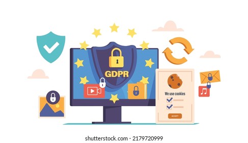 General Rules For Data Protection Gdpr Concept with Computer Monitor, Shield and Lock. European Commission Strengthens And Unifies, Protection and Control Of Personal Data. Cartoon Vector Illustration